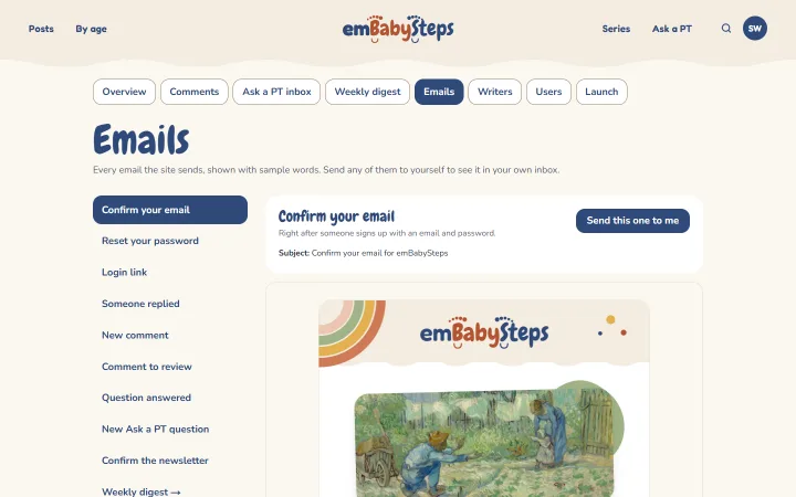 The admin email gallery listing every email the site sends, with the Confirm your email message previewed in the site's look: a linen header, rainbow, logo and a painting.