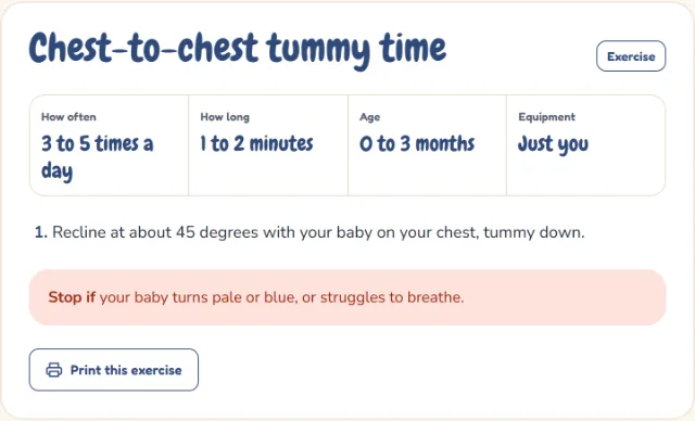 An exercise card on a public post: Chest-to-chest tummy time, with how often, how long, age and equipment, a numbered step, a Stop if warning and a Print this exercise button.