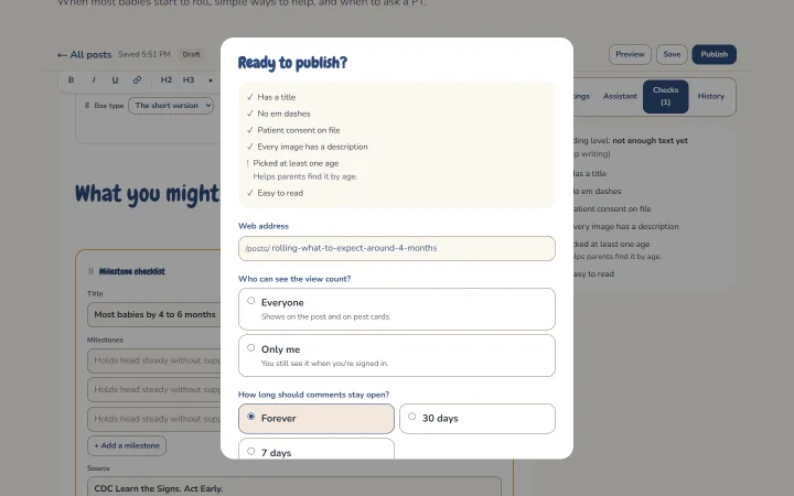 The Ready to publish dialog listing passed checks, the post's web address, a required choice of who sees the view count, and how long comments stay open.