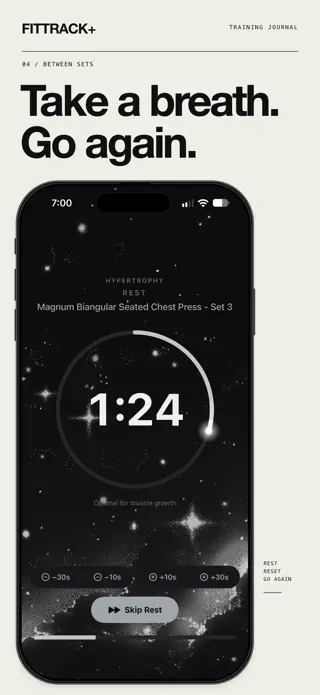 Rest timer between sets counting down 1:24 with a Skip Rest button.