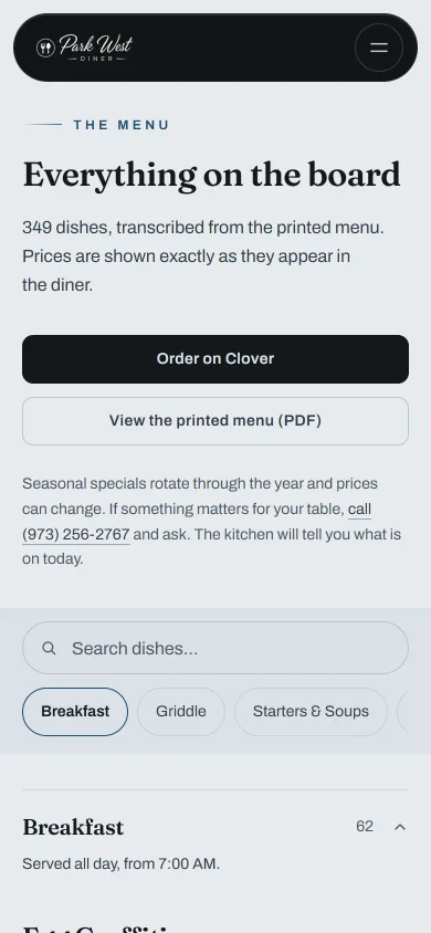 The mobile menu page: 349 dishes, an Order on Clover button, a printed-menu PDF link, search and category tabs.