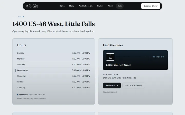 Visit page on desktop: weekly hours with today highlighted and an open-now status, beside the address with directions and call buttons.