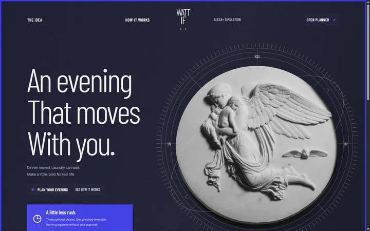 Watt If's planner introduction: a midnight-blue page with tall lettering reading An evening that moves with you, and Thorvaldsen's marble relief Night inside clock rings.